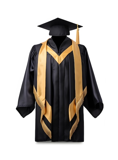 Ropa de graduación vestido y gorra aislado sobre fondo blanco.