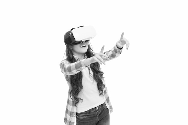 Ropa infantil hmd explorar realidad virtual o aumentada Tecnología futura Niña interactuar realidad cibernética Jugar juego cibernético y estudiar Educación moderna Tecnologías de educación alternativa Educación virtual