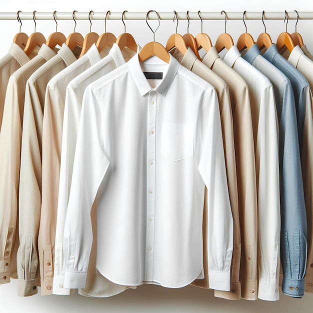 Ropa limpia camisas blancas y beige para hombres en colgadores después de la limpieza en seco o para la venta en la tienda en blanco