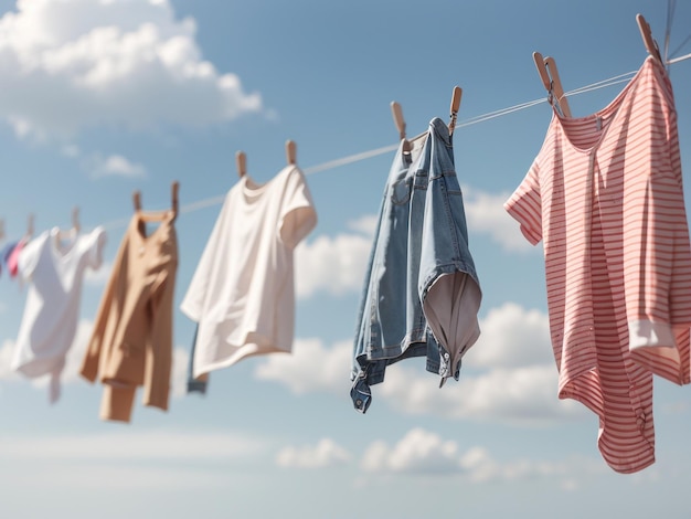 Ropa limpia colgada en la línea de lavado contra el cielo soleado