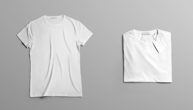 Ropa de maqueta La primera camiseta abierta en blanco se encuentra sobre un fondo gris de estudio. Segunda camiseta con etiqueta cuidadosamente doblada sobre un fondo. Plantilla de vista superior para diseño de moda.