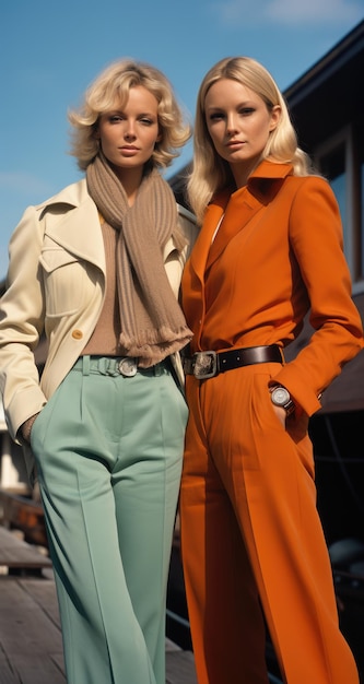 Ropa de moda estilo retro vintage Moda de los años 70 Bellbottoms Hipsters de los 70 pantalones acampanados jeans deshilachados faldas midi vestidos largos blusas y ponchos campesinos atados