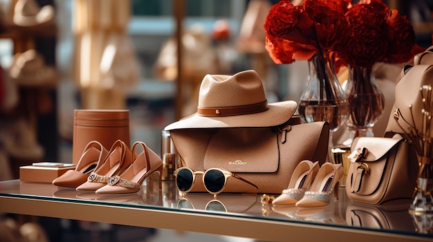 Foto ropa de mujer y complementos de moda de lujo dentro de la tienda.