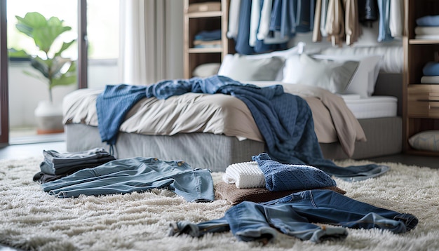 Foto la ropa de las mujeres y los hombres se encuentra en la alfombra frente a una cama grande en el dormitorio