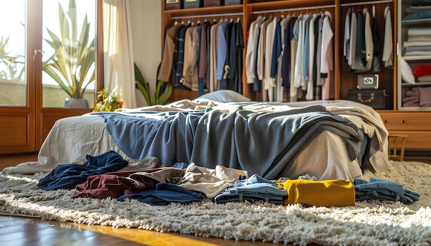 Foto la ropa de las mujeres y los hombres se encuentra en la alfombra frente a una cama grande en el dormitorio