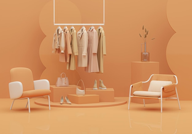 Ropa de otoño colgada en un estante con fondo naranja pastel suéter abrigo camisa cálida colgada
