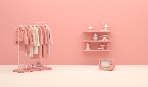 Ropa de otoño colgada en un estante con sillón en fondo rosa pastel suéter de chaqueta masculina