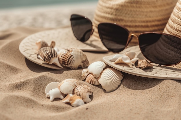 Ropa de playa de verano, chanclas, gorro, gafas de sol y conchas marinas en la playa de arena