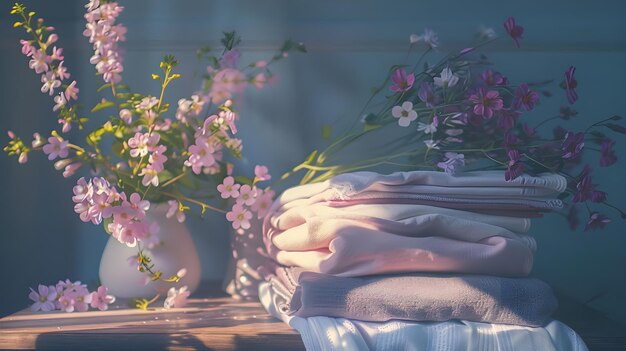 La ropa plegada apilada en la mesa con decoración floral generada por Ai