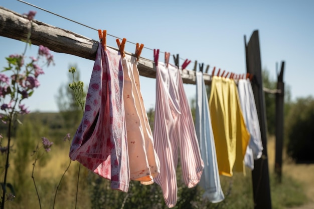 Foto ropa recién lavada en línea con suave brisa que la sopla suavemente creada con ai generativo