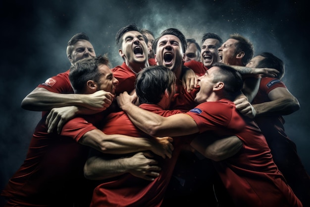 En ropa roja Grupo de jugadores de fútbol celebrando una victoria Hermosa imagen ilustrativa