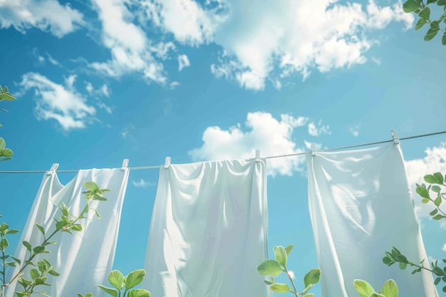 Ropa seca colgada en una cuerda de lavandería afuera con plantas verdes y un cielo azul en el fondo IA generativa