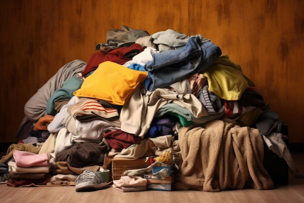 Foto ropa sucia en el piso muchas prendas en concepto de diseño de moda de pila en el fondo de la casa