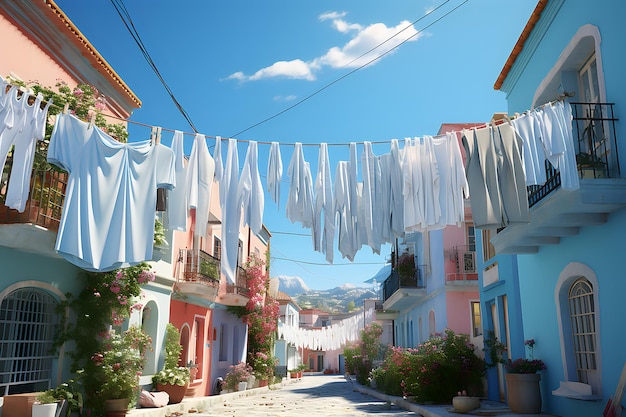 Ropa tendida en las líneas de la calle