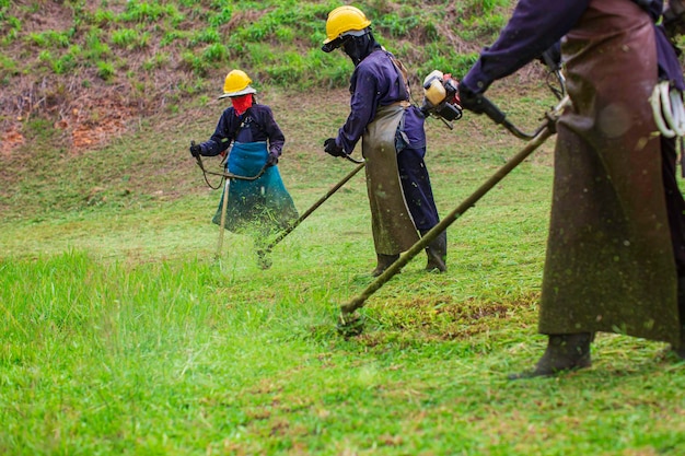 Ropa de trabajo femenina ropa protectora corta el césped con una cortadora de césped