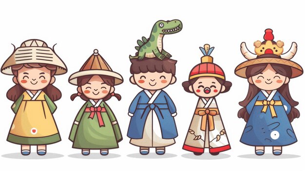 Foto ropa tradicional coreana hanbok y sombreros de dinosaurio usados por niños lindos rollo de mensaje de año nuevo39