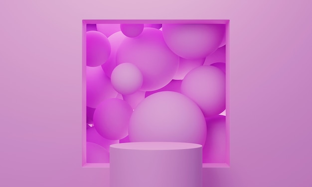 Rosa 3d-mock-up-podium mit einem quadratischen fenster voller fliegender kugeln oder bälle. helle stilvolle zeitgenössische abstrakte moderne plattform für produkt- oder kosmetikpräsentation.