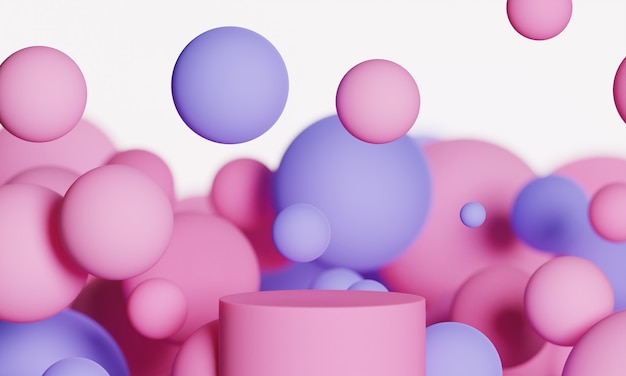 Rosa 3d simulacro de podio con esferas voladoras o bolas en rosa, lavanda y morado sobre un fondo blanco. Plataforma moderna abstracta contemporánea con estilo brillante para presentación de productos o cosméticos.