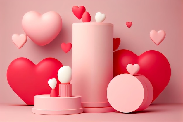 Rosa abstrakter Hintergrund 3D-Zylinder und rote Herzen Generative KI Generative KI