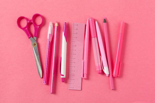 En una rosa, accesorios escolares y una pluma, lápices de colores.