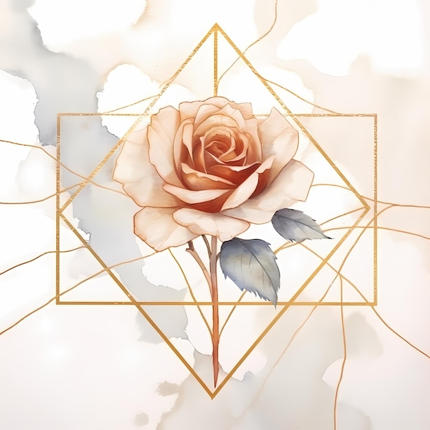 Rosa de acuarela con líneas doradas y marcos geométricos