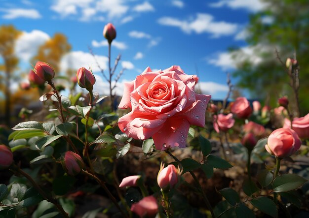 Una rosa alta y colorida con brotes de flores en las ramas