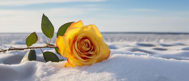 Rosa amarela sentada no topo de uma praia coberta de neve