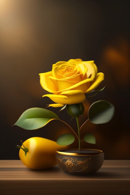 Una rosa amarilla en un jarrón con una rosa amarilla al fondo.