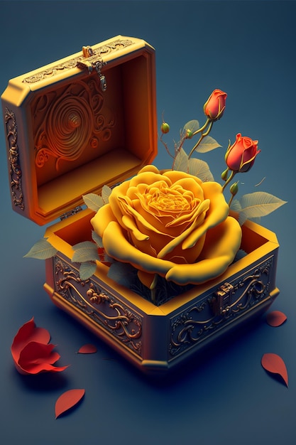 Rosa amarilla sentada dentro de una caja de madera generativa ai