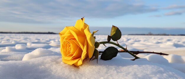 Una rosa amarilla sentada en la parte superior de una playa cubierta de nieve