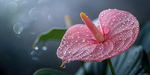 Rosa Anthuriumblüte mit Wassertropfen auf den Blütenblättern