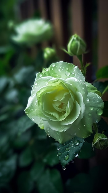 rosa arafed con gotas de agua en un jardín ai generativo