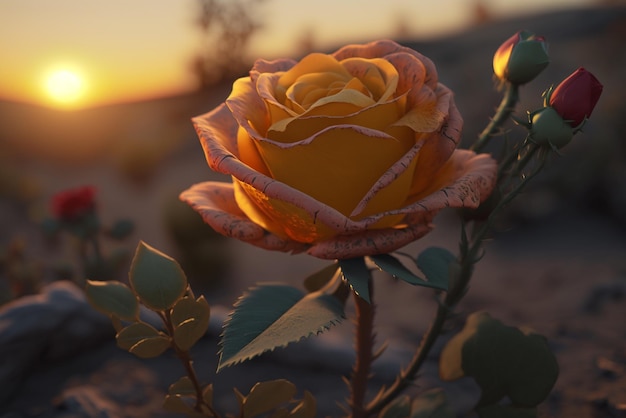 rosa con un atardecer de fondo