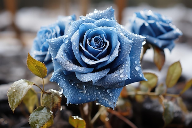 Rosa azul con gotas de rocío