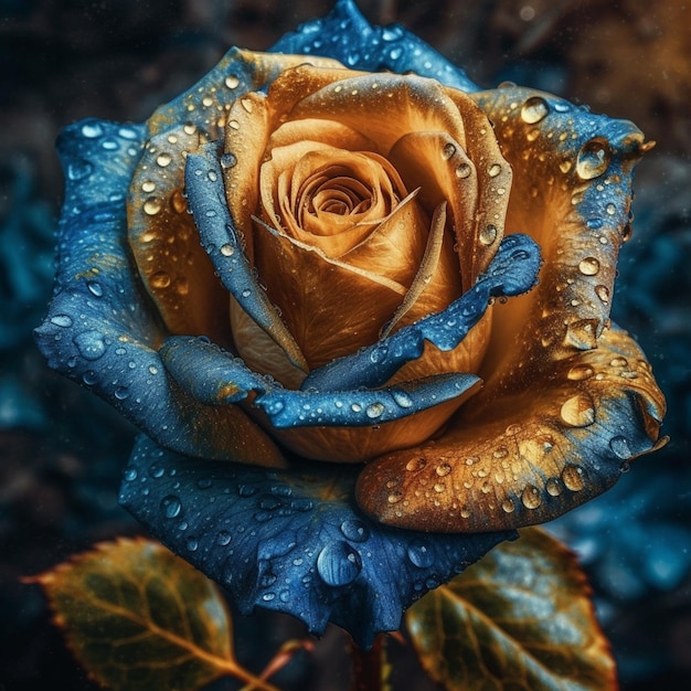 Una rosa azul con gotitas de agua