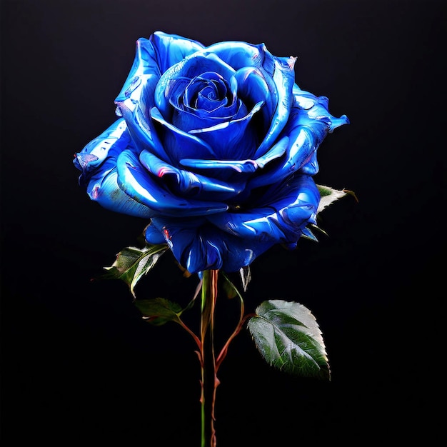 una rosa azul con una hoja verde en el medio