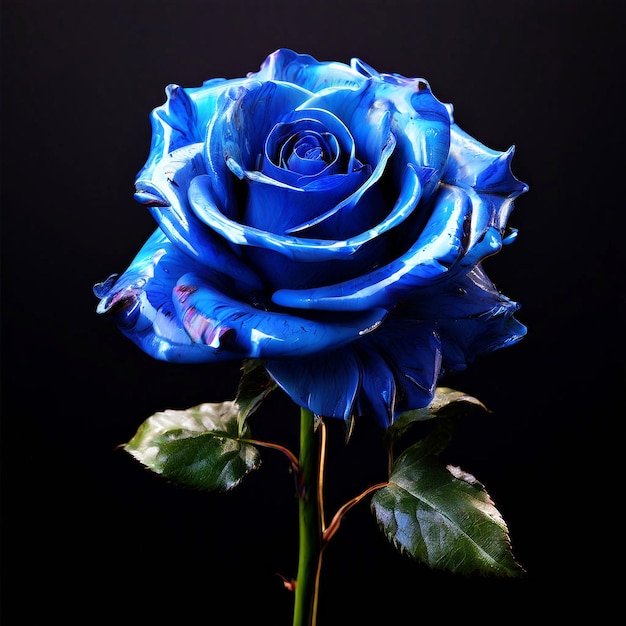 una rosa azul con una hoja verde en el medio