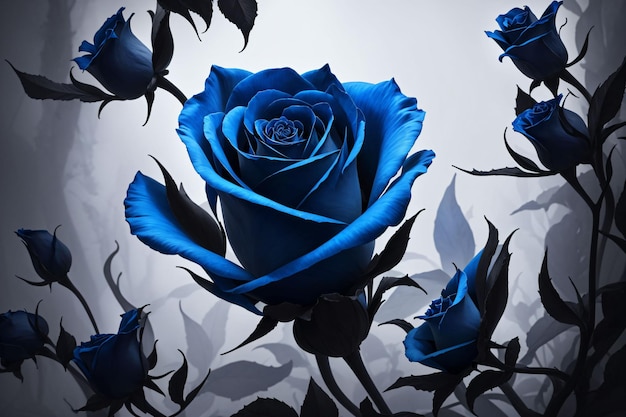 Una rosa azul con hojas negras y oscuras.