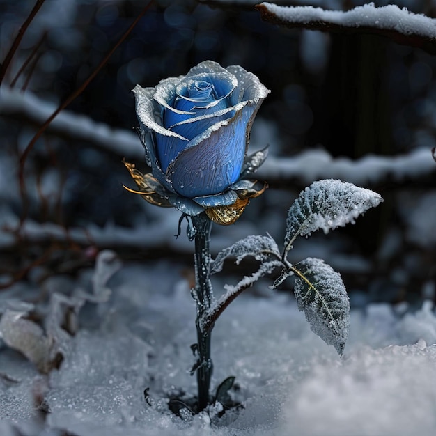 Rosa azul mágica congelada en el fondo romántico de la nieve