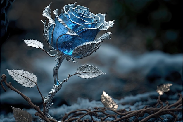 Rosa azul mágica congelada en el fondo romántico de la nieve