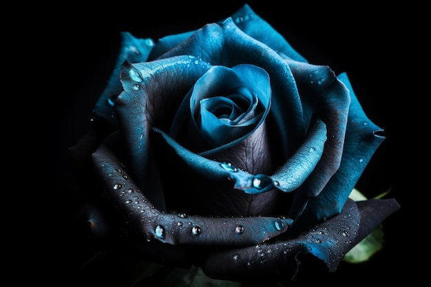 Una rosa azul oscuro con gotas de agua