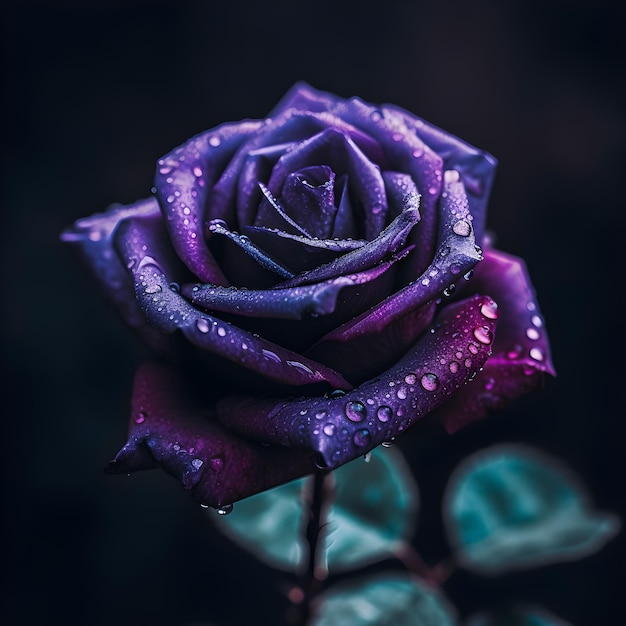 Una rosa azul oscuro con gotas de lluvia.