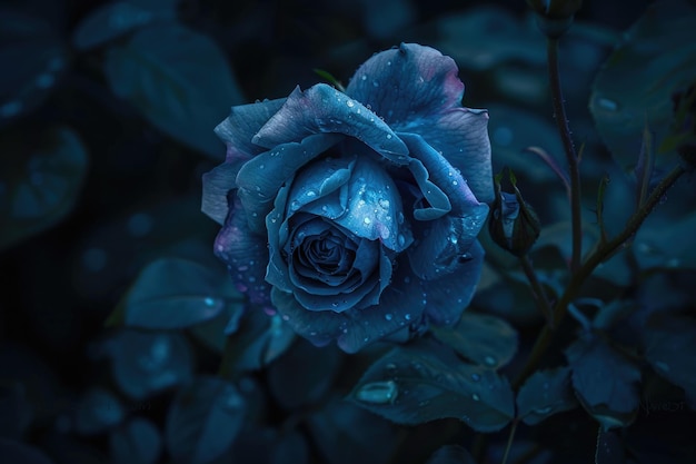 Una rosa azul en plena floración por la noche bañada en la luz de la luna con gotas de rocío aferradas a sus pétalos aterciopelados