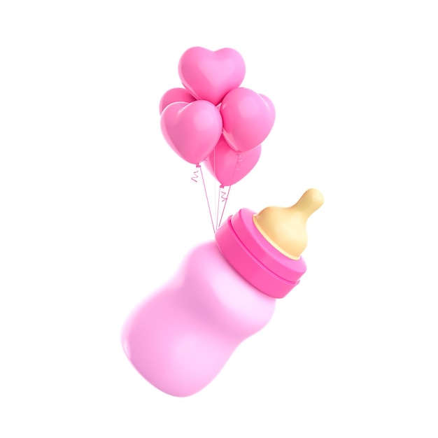 Rosa Babyflasche Milch mit Ballon auf weißem isoliertem Hintergrund 3D-Rendering