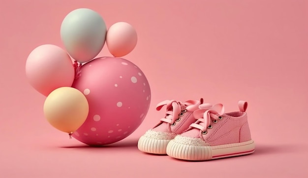 Rosa Babyschuhe mit buntem Ballon auf rosa Hintergrund mit Platz für Tex, minimales Feiertagskonzept, generative KI