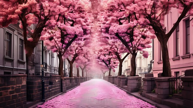 rosa Bäume, die an einer Straße in einer Großstadt angeordnet sind Generative KI