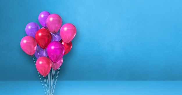 Rosa Ballons bündeln auf einem blauen Wandhintergrund. Horizontales Banner. 3D-Darstellung rendern