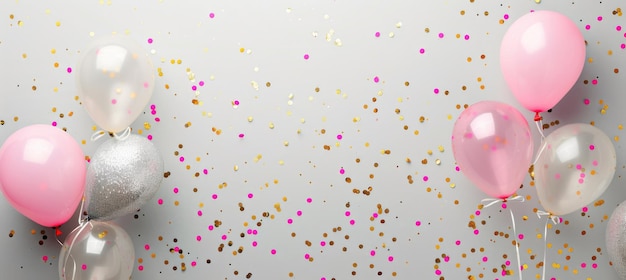 Rosa Ballons und funkelnde Konfetti auf weißem Hintergrund Feier