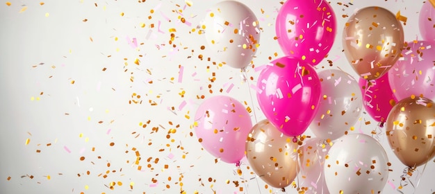 Rosa Ballons und funkelnde Konfetti auf weißem Hintergrund Feier