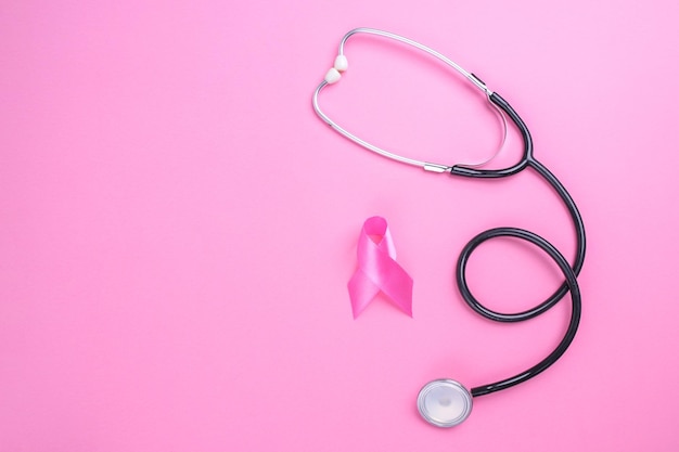 Rosa Bande Brustkrebs und Stethoskop auf rosa Hintergrund Brustkrebsaufklärung